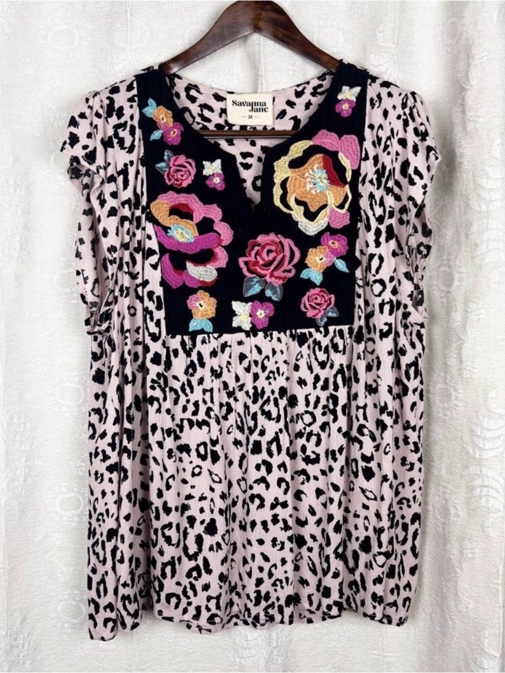 Savanna Jane Pink and Black Leopard Print Top with Embroidered Floral Yoke 2X